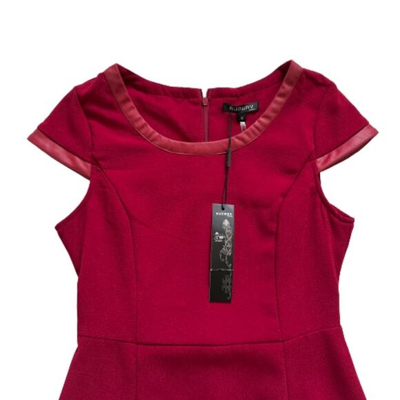 RW Runway Paris Dress Red Cap Sleeve Faux Leather Trim Career Dress Medium NEW - Picture 7 of 12
